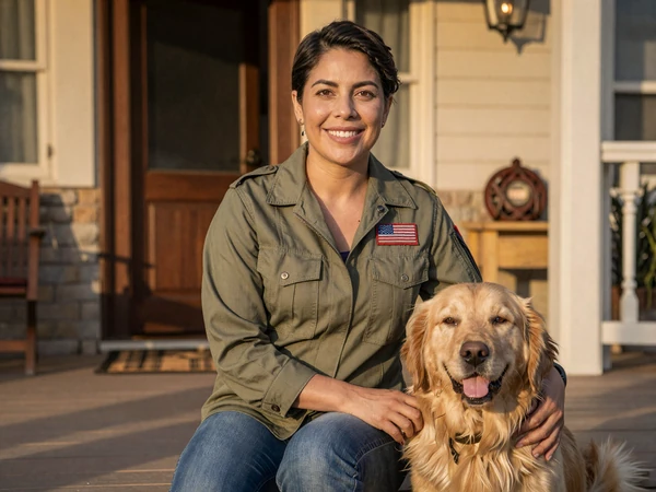 Maria, a veteran with her therapy dog on a porch - PTSD dating community InclusiveDating