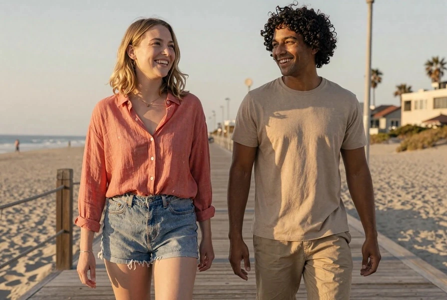 Adrienne, a below-knee amputee, walks the boardwalk laughing with Theo, her ally partner - InclusiveDating amputee dating success story