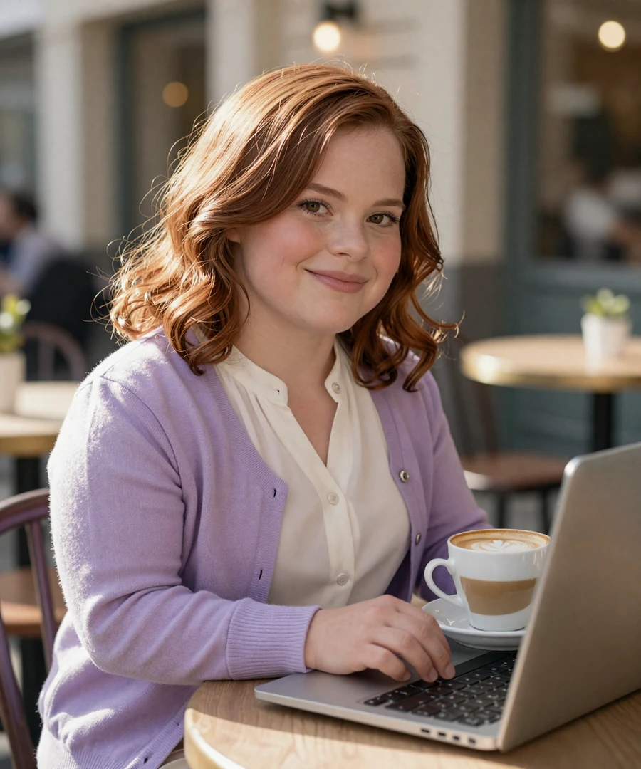 Hannah, a little person with achondroplasia, smiles while browsing the InclusiveDating little people dating site from a sunlit cafe