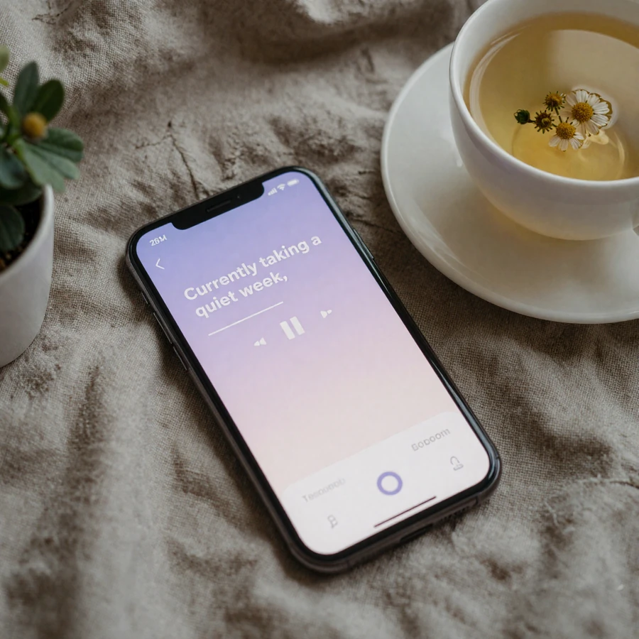 A smartphone on a linen blanket showing a lavender 'currently taking a quiet week' pause screen on a trauma-informed dating app