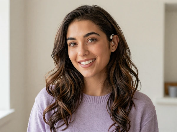 Camille, a hard of hearing dating site member wearing a hearing aid, smiling in soft daylight