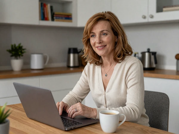 Patricia, a mother researching the InclusiveDating down syndrome dating site for her adult daughter at a sunny kitchen table