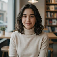 Caezza, an autistic adult in a calm bookstore cafe, representing an autistic-autistic couple success story