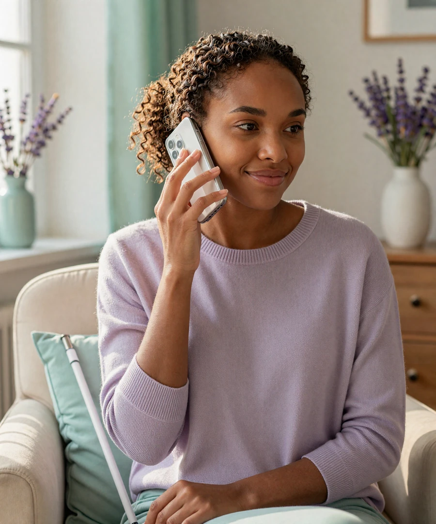 Lena, a blind member of the InclusiveDating blind people dating site, smiles while listening to a voice message on her phone in a warmly lit living room