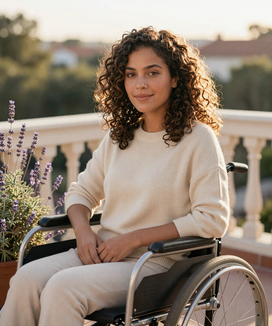 Maya, a smiling wheelchair user enjoying a sunny afternoon on her balcony, representing real members of the InclusiveDating disabled dating site