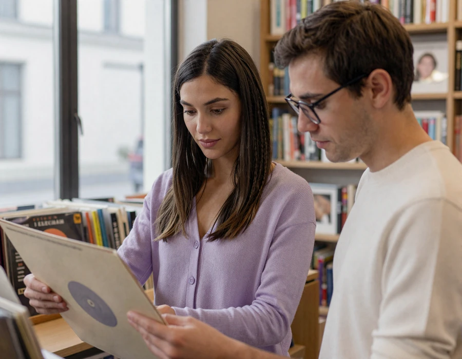 Caezza and her partner share a quiet bookshop moment over a vinyl record - autistic-autistic couple from InclusiveDating's autism dating community