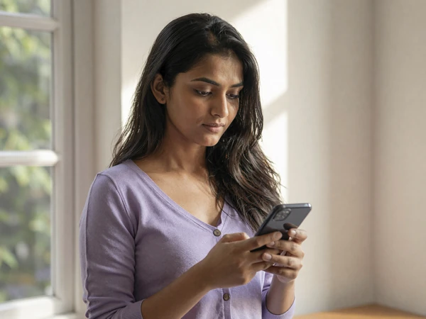 Priya, a disabled woman, checking her phone calmly by a sunlit window - online safety guide