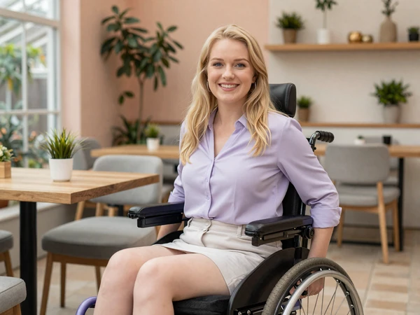 Jessica, a smiling powered wheelchair user with cerebral palsy in a greenhouse cafe - cerebral palsy dating on InclusiveDating