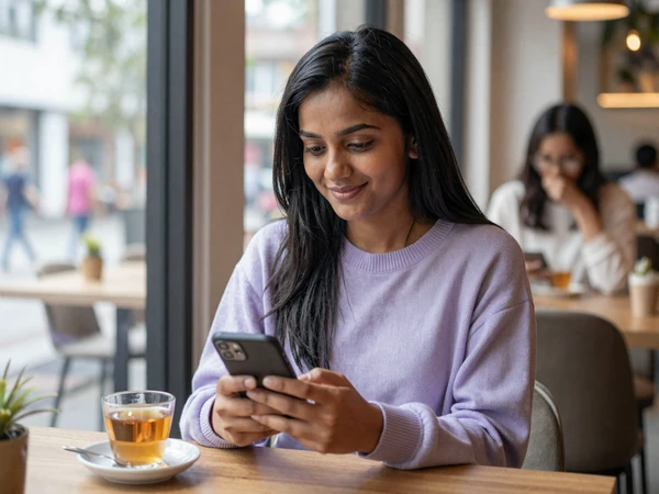 Priya at a sunlit cafe window seat checking a dating app - online safety in a public venue