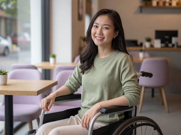 Lina, a manual wheelchair user smiling in a sunlit accessible cafe - wheelchair dating category