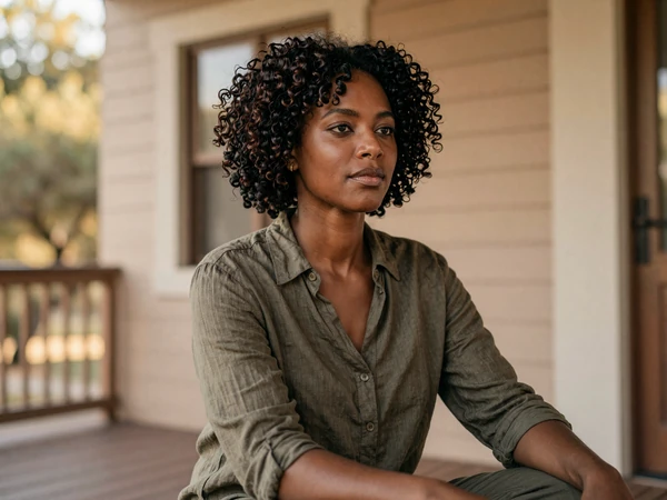 Naomi, a veteran with PTSD, relaxing on a porch at golden hour - PTSD dating category
