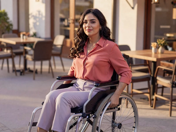 Elena, a wheelchair user smiling on a sunlit cafe patio - wheelchair dating on InclusiveDating