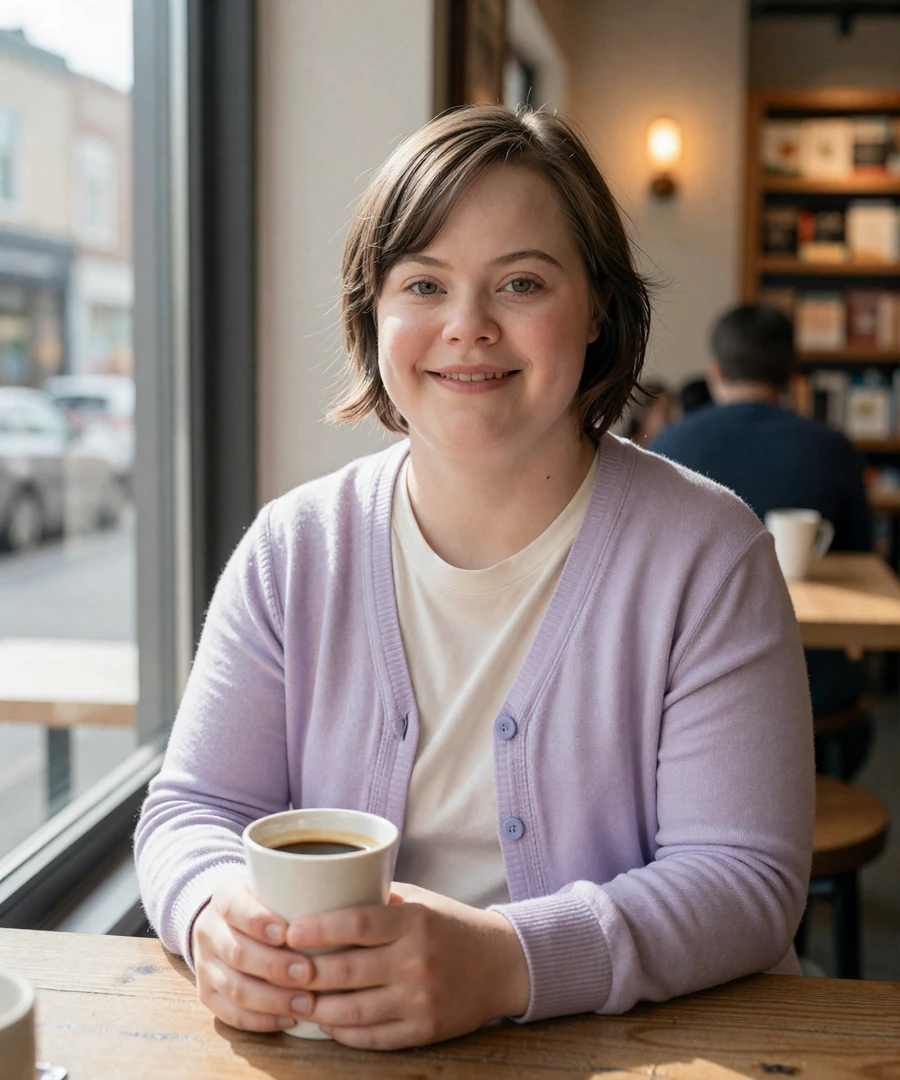 Lily, an adult with Down syndrome, smiles warmly at a cafe while using the InclusiveDating down syndrome dating site on her phone