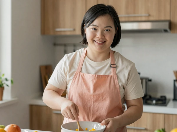 Emily smiles while joining the Saturday cooking club group on InclusiveDating from her sunny home kitchen