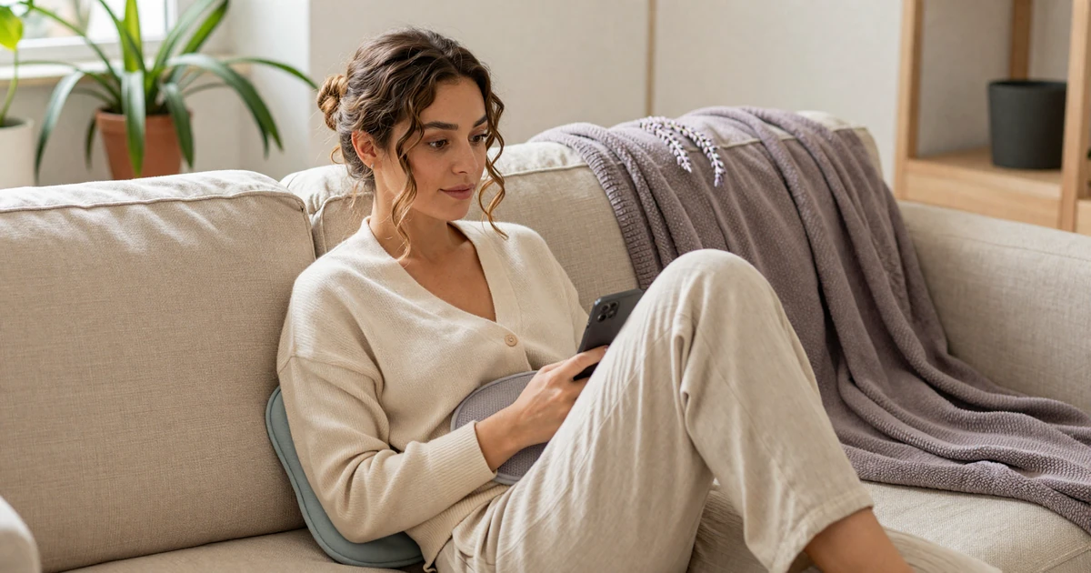 Adrienne, a confident amputee in her Brooklyn loft, smiling while messaging on an amputee dating site