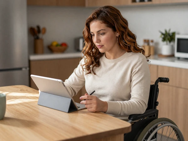 Nadia, a wheelchair user, writing her dating profile on a tablet - disability dating profile guide