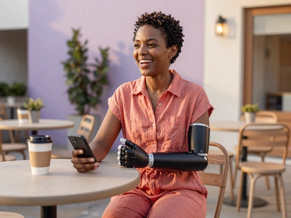 Maya, an amputee dating site member, laughing at a sunny cafe with her prosthetic arm visible