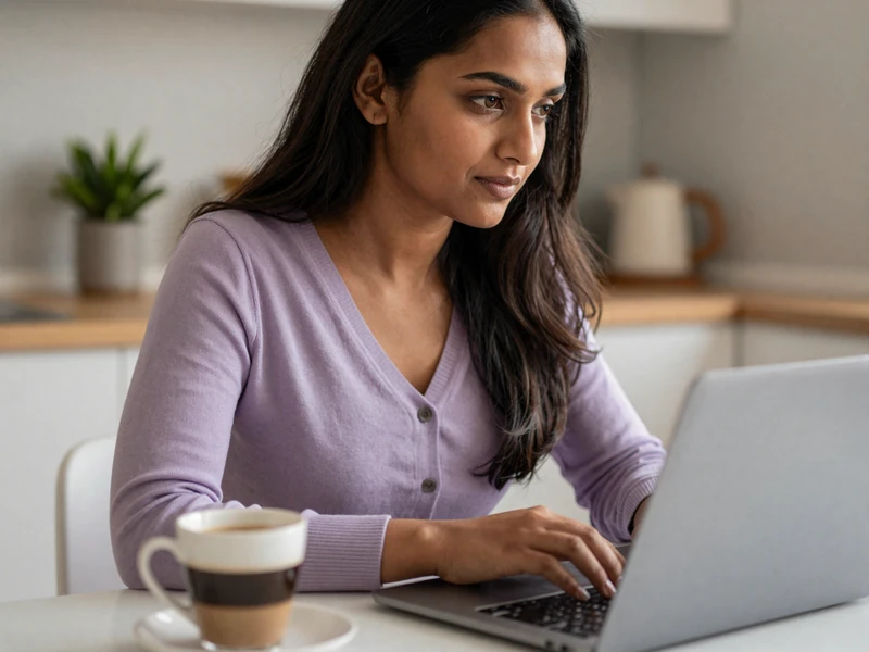 Priya writing her disability dating profile on a laptop in a sunlit kitchen