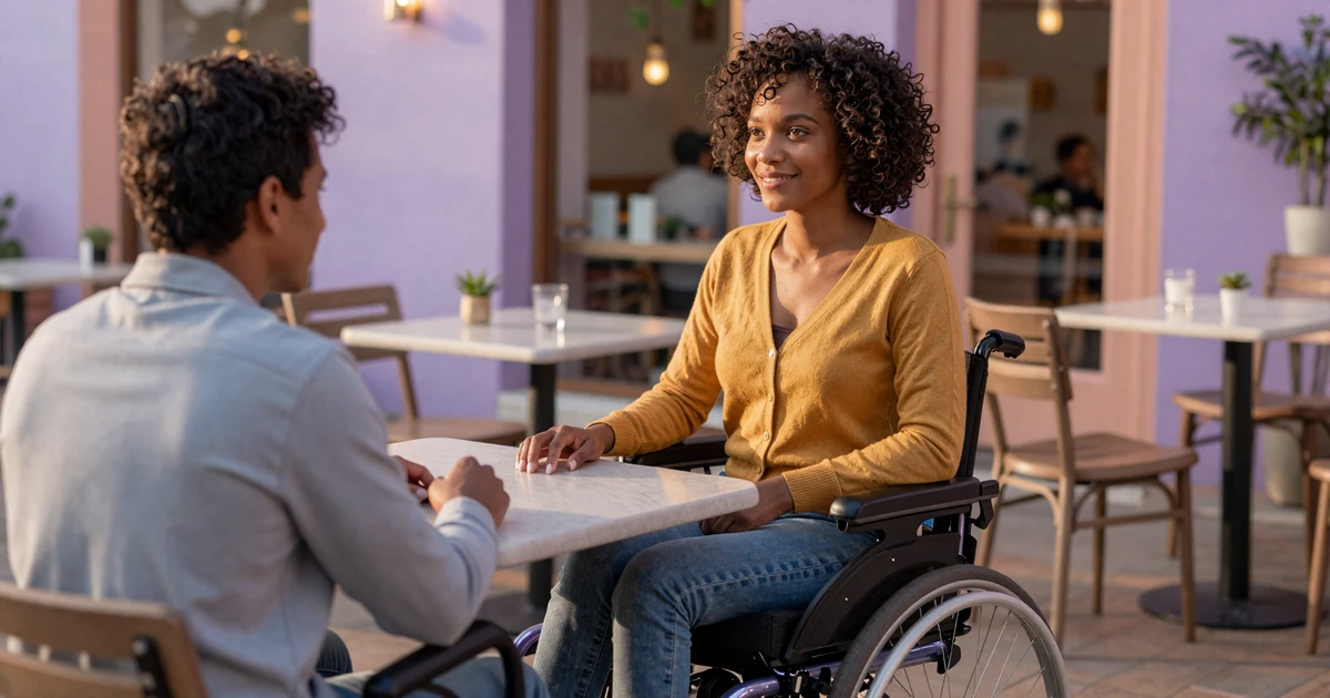 Mara, a powered wheelchair user, smiling across a bistro table at her date on a step-free cafe patio - wheelchair first date ideas 2026