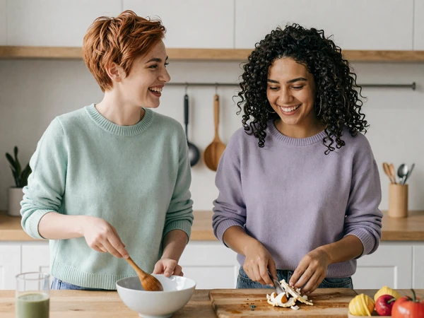 Hannah and Rosa, a neurodivergent couple, cooking together in a sunlit kitchen