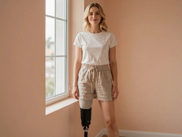 Adrienne, a confident below-knee amputee enjoying a sunny cafe patio, representing real members of the InclusiveDating amputee dating site