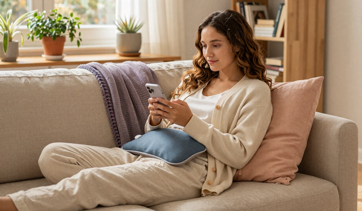 Mara, a young woman with chronic illness, resting on a sunlit sofa with a heating pad while texting a date - relaxed and at home with her body