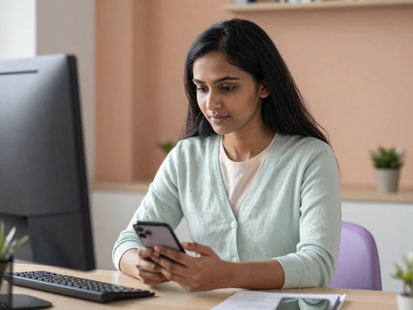 Priya, a South Asian American woman, reviewing a safety app on her phone at a tidy desk in warm daylight