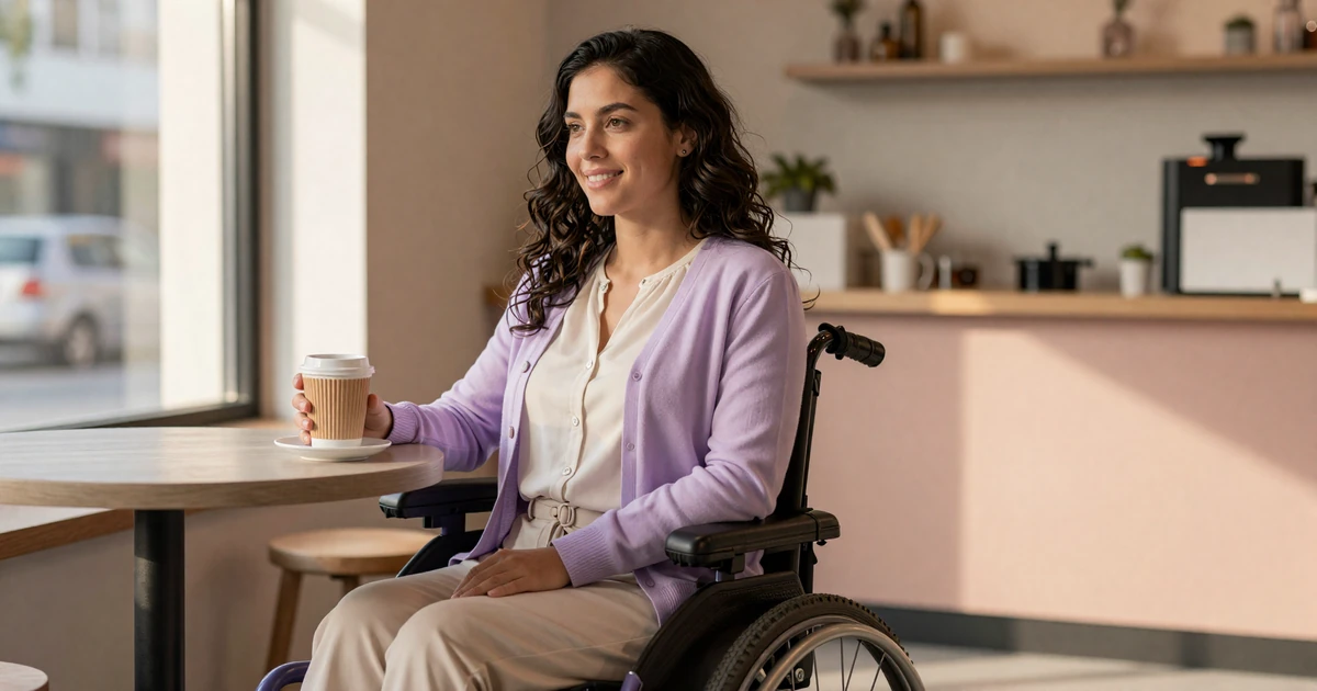 Hope, a woman with cerebral palsy using a power wheelchair, smiles in an accessible cafe - a real user of the InclusiveDating cerebral palsy dating community