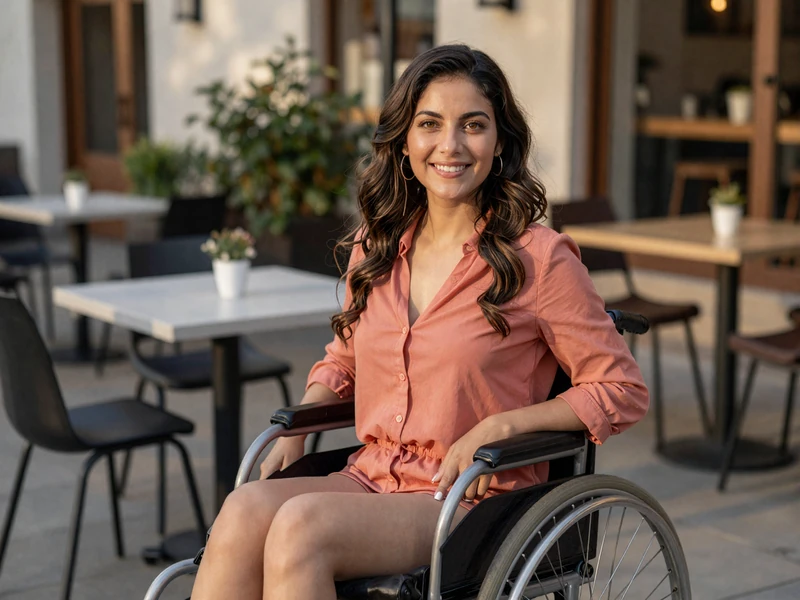 Elena, a confident wheelchair user, smiling at an accessible café patio