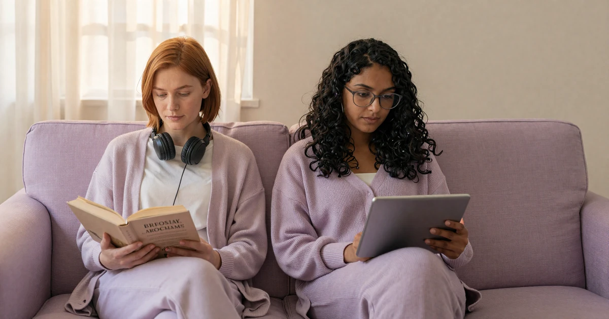 Lena and Priya, a neurodivergent couple, doing parallel quiet activities on a lavender-cream linen sofa in 2026