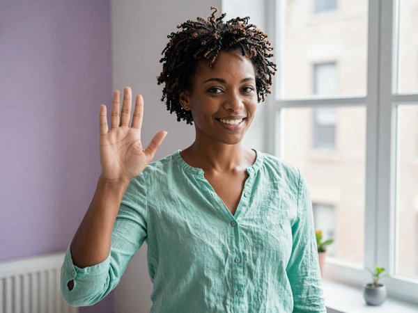 Naomi, a young Deaf woman, signing hello in a sunlit Brooklyn loft - Deaf dating category portrait