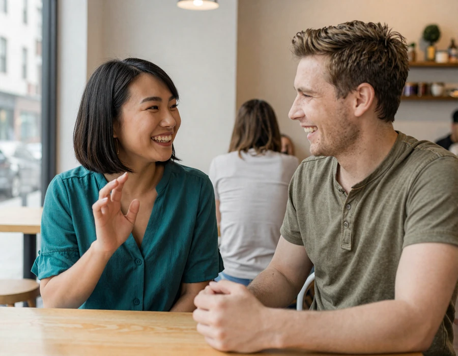 Iris signs in ASL with Cal at a brightly lit Brooklyn cafe - Deaf-hearing couple from InclusiveDating's deaf dating community