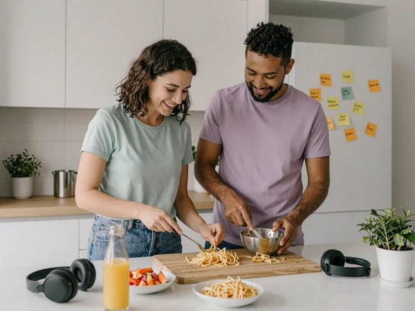 Lena and Sam, a neurodivergent couple cooking in a sticky-note-organised kitchen - ND couples guide