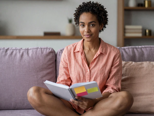 Devon, an ADHD woman in coral shirt with sticky-note system on her couch - ADHD dating category