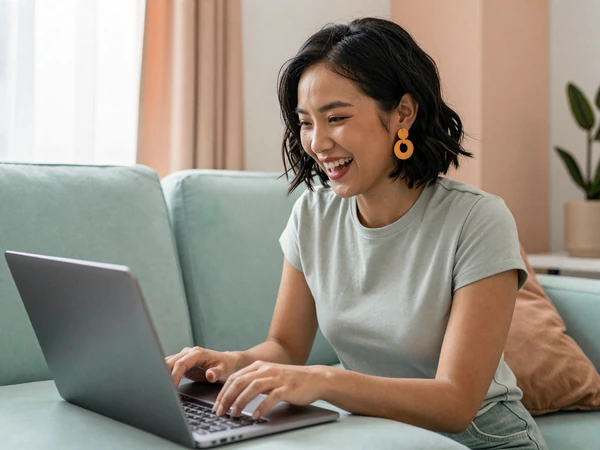 Maya, a young Asian American woman, browsing an ADHD-friendly dating app on her laptop