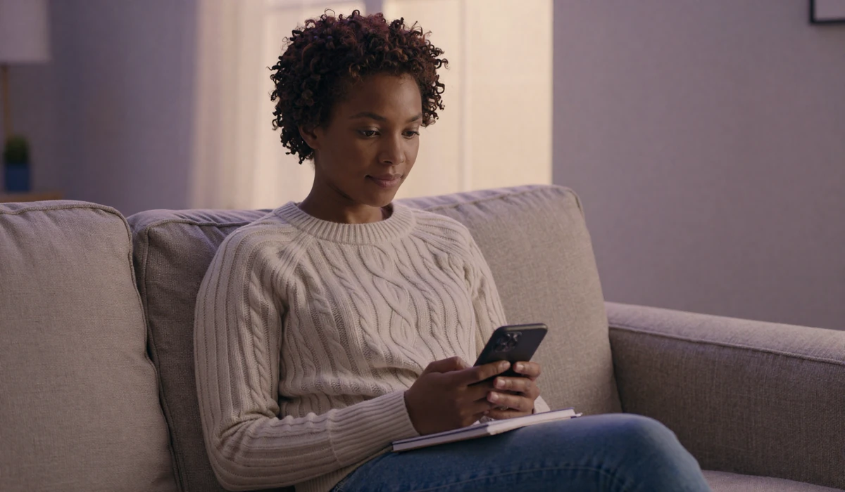 Naomi, a disabled single woman, calmly reviewing a dating profile on her phone in a warmly lit living room