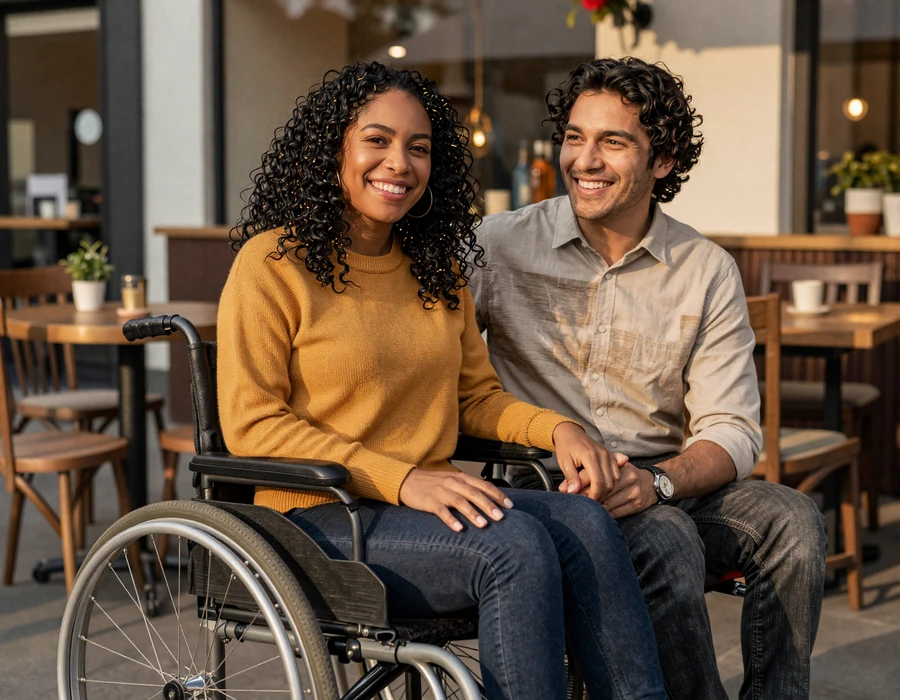 Maya, a Black wheelchair user, holds hands with Devon, who has cerebral palsy, on a sunlit cafe patio - InclusiveDating wheelchair dating success story