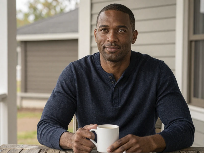 Marcus, a Black veteran, sitting calmly with coffee on a quiet porch