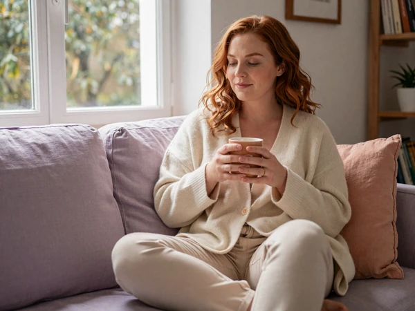 Maren, a woman in her thirties with auburn hair, sitting calmly by a sunlit window with a warm mug - a grounded PTSD community member