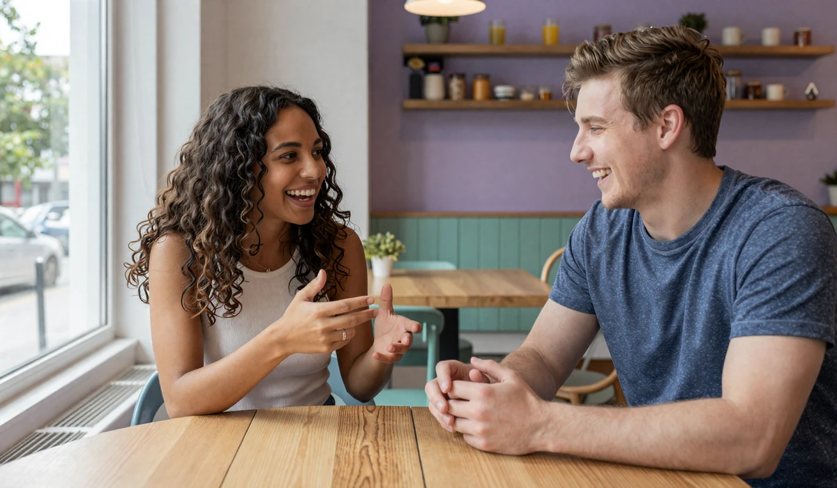 Tessa, a Deaf woman, signing across a sunlit cafe table to her hearing partner Owen - an ASL dating moment with strong lighting and clear sightlines