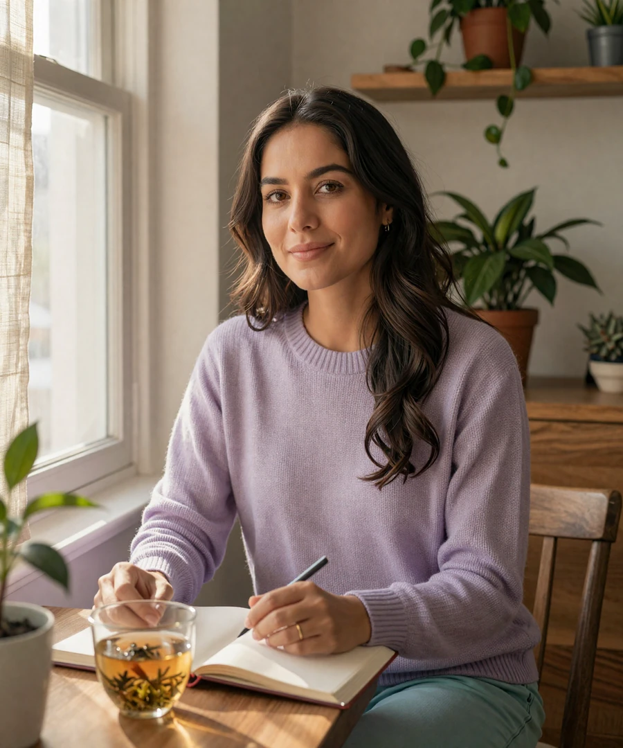 Elena, a woman with bipolar II disorder, journaling by a sunlit window on the InclusiveDating bipolar dating site