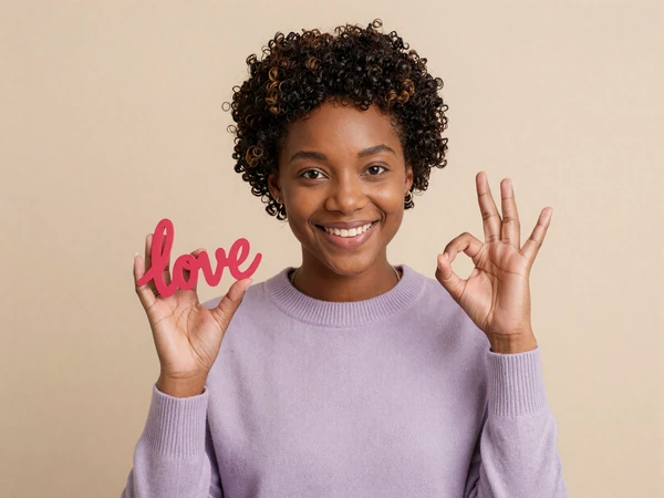 Naomi, a Deaf woman signing the word love in ASL - deaf dating community on InclusiveDating
