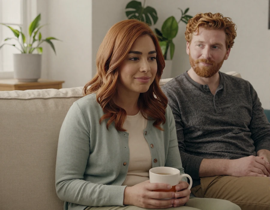 Renee and Sam share a quiet morning with tea on a linen couch - bipolar dating success story from InclusiveDating