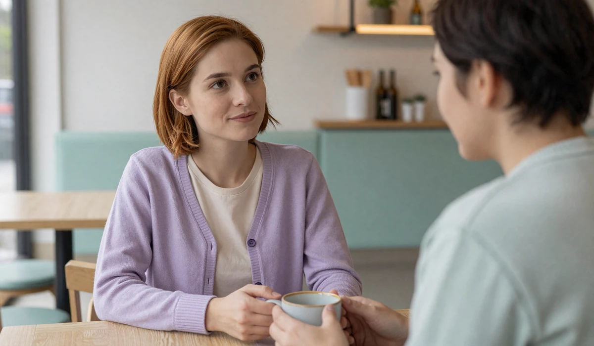 Iris, an autistic woman in a lavender cardigan, sharing a quiet cafe table with her partner - autism dating guide 2026