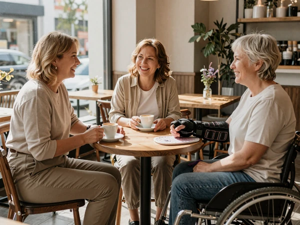 Three chronically ill adults laughing together in a cozy sunlit cafe - community on InclusiveDating