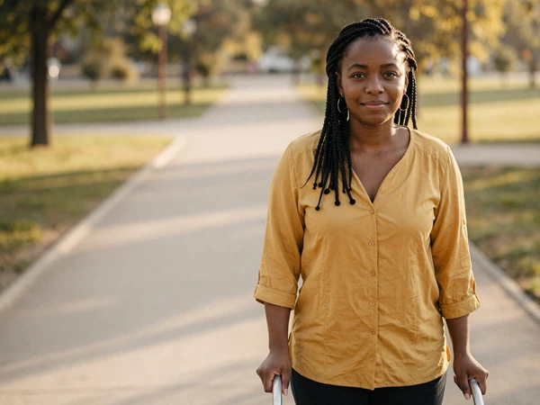 Aisha, a blind woman with a white cane in a sunlit park - blind people dating site InclusiveDating