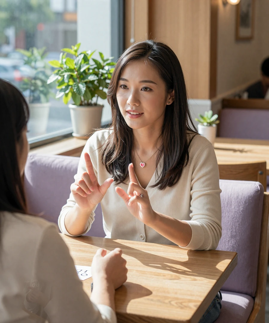 Mia, a Deaf woman signing across a sunlit cafe table, representing real members of the InclusiveDating deaf dating community