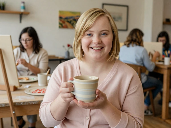Lily, a young adult with Down syndrome holding her pottery - Down syndrome dating site InclusiveDating