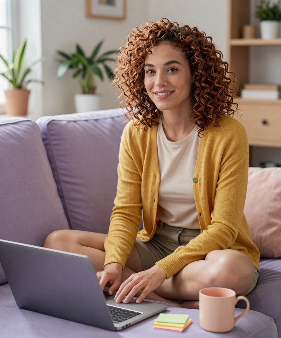 Maya, a 32-year-old woman with ADHD, smiles while video-chatting from her cozy lavender-toned apartment on the InclusiveDating ADHD dating site